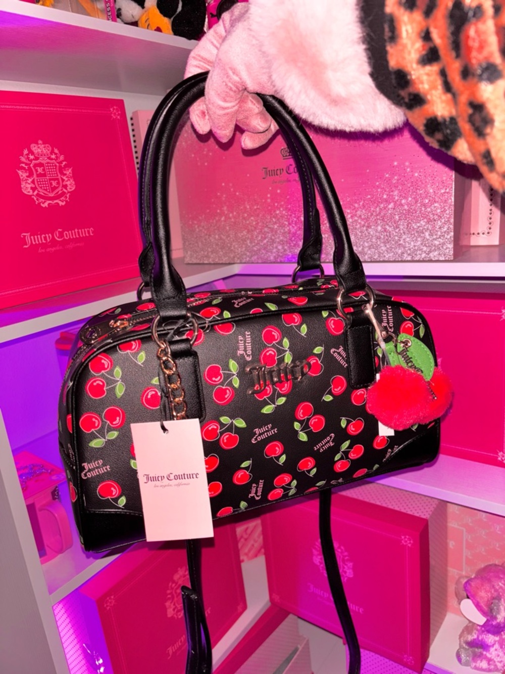 Juicy Couture Black Cherry-Print bag with Pom Charm and gold accents (VIRAL)✨🍒🖤